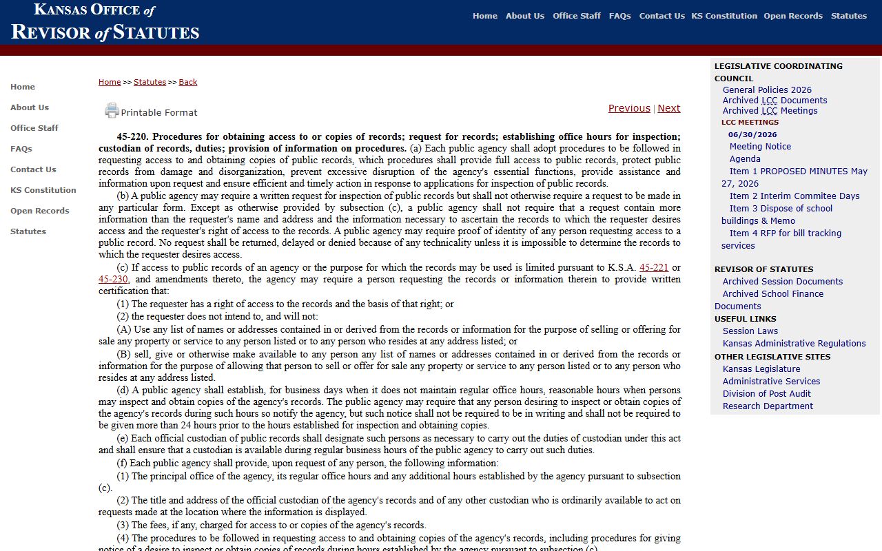 Greenwood County Clerk of the District Court Kansas access procedure statute source